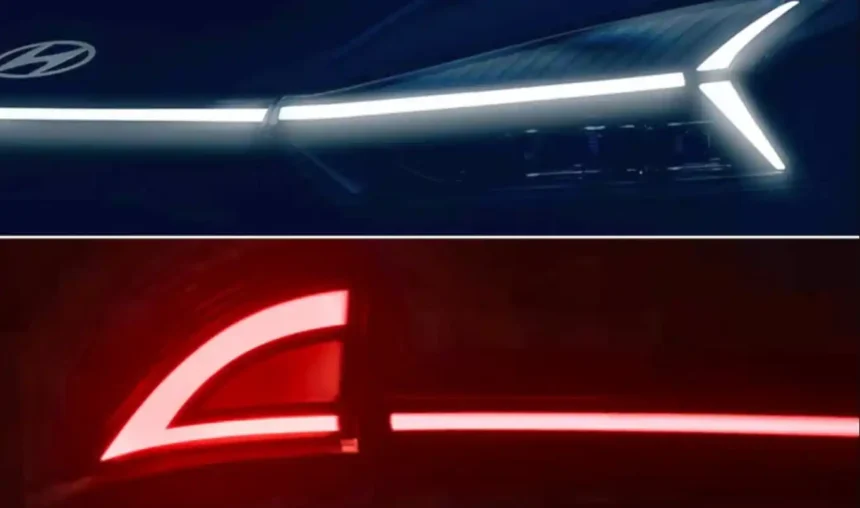 Teaser image showing connected LED lighting on the upcoming Hyundai i20