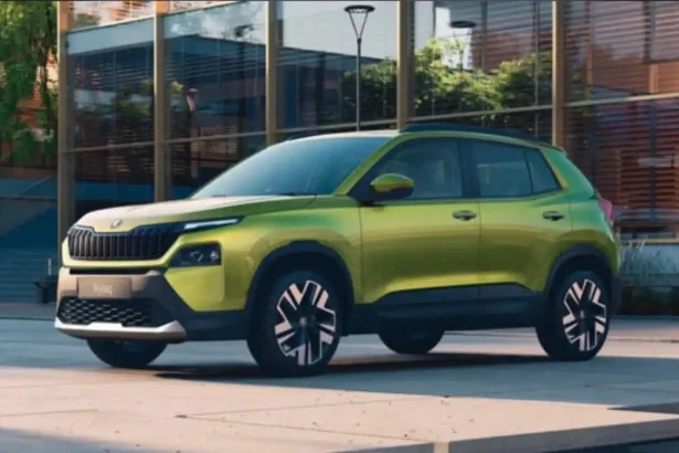 Skoda Kylaq compact SUV front profile parked on road in India