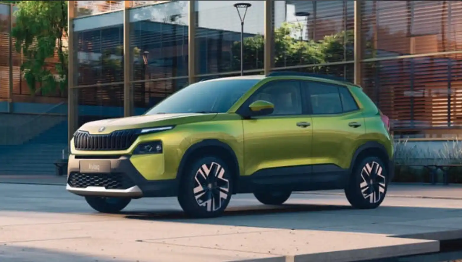 Skoda Kylaq compact SUV front profile parked on road in India