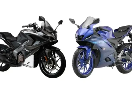 Bajaj Pulsar RS200 and Yamaha R15 V4 parked side by side for comparison.