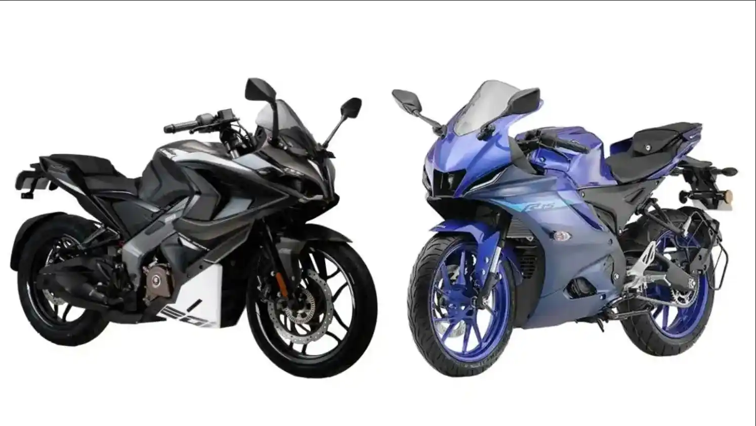 Bajaj Pulsar RS200 and Yamaha R15 V4 parked side by side for comparison.