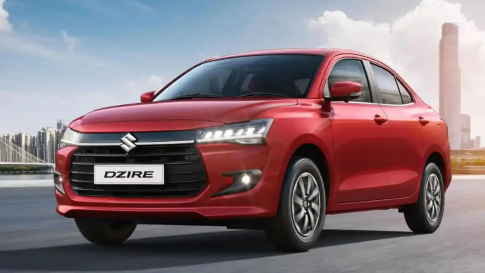 Maruti Suzuki Dzire sedan parked on road showcasing updated design