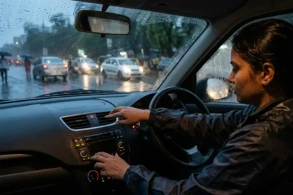 Car windshield clearing from fog during rainy weather using AC and heater defogging system