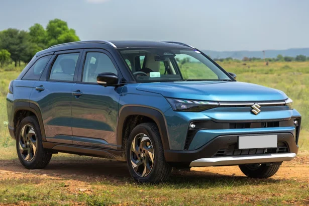 Maruti Victoris LXI CNG SUV parked at dealership during first drive review