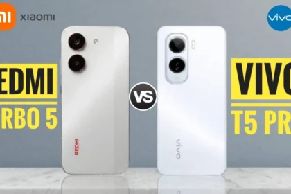 Redmi Turbo 5 and Vivo T5 Pro smartphones side by side showing display and camera designs
