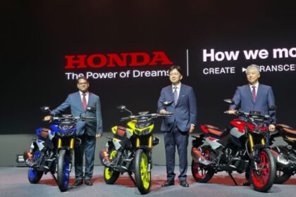 Honda motorcycles displayed during a product launch event in India showcasing multiple new models.