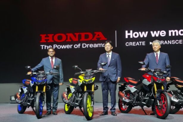 Honda motorcycles displayed during a product launch event in India showcasing multiple new models.