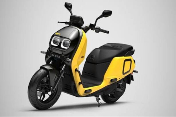 River Mobility's Indie electric scooter at the company's Hoskote manufacturing facility after reaching the 50,000-unit production milestone.