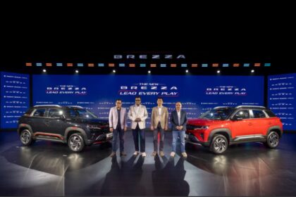 Maruti Suzuki Brezza Turbo Boosterjet compact SUV displayed during its official launch in India.