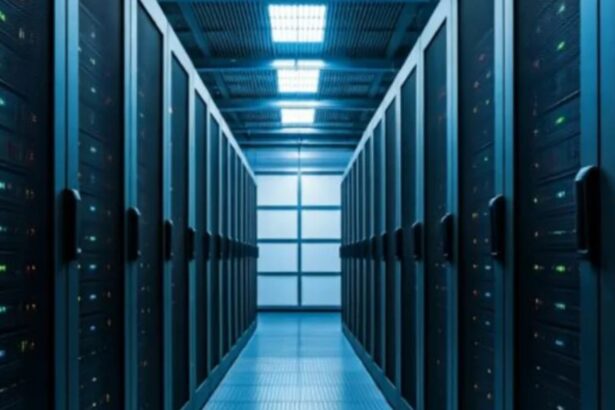 Modern AI data center with high-performance computing servers supporting artificial intelligence workloads